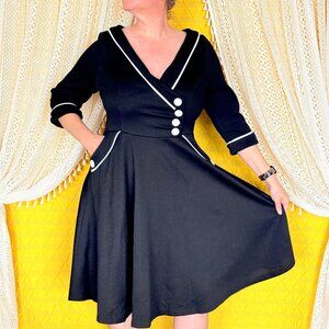 Voodoo Vixen Marica Retro 1950s Herringbone Wide Collar Flared Dress Size L-XL